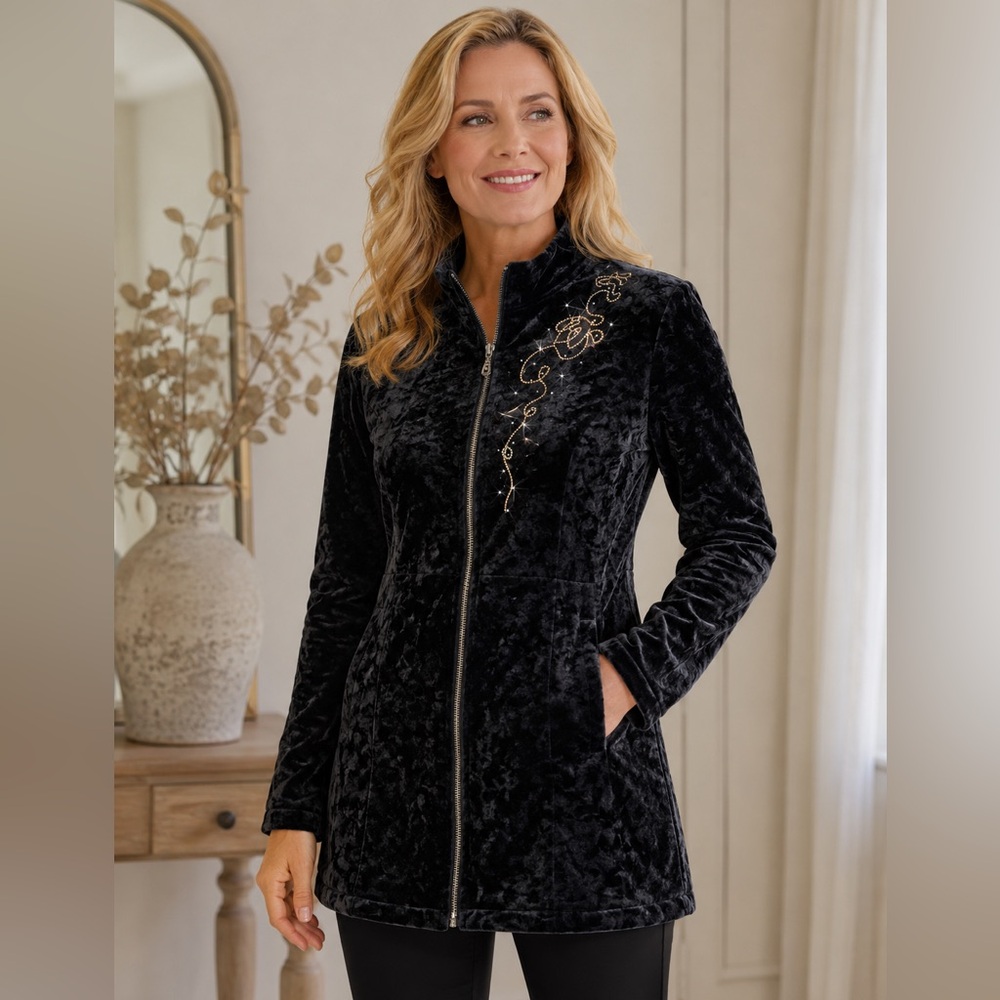 Bolaiyin Black Crushed Velvet Zip Jacket Rhinestone Embellished - Large